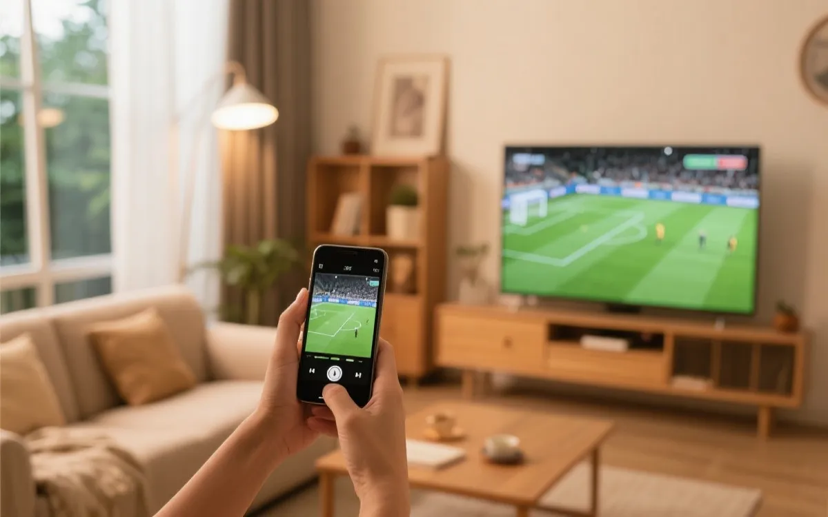 客厅电视显示足球比赛，手机在手中作为遥控与投屏控制